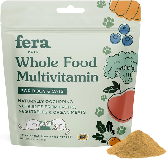 Fera Pet Organics Whole Food Multivitamin Cat and Dog Food Topper - Vet Created Cat & Dog Vitamins Plus Minerals, Micronutrients, Prebiotics and Probiotics – Powder Supplement - 3.7oz