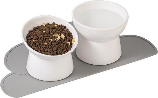 Cat Food Water Bowl Set - Raised Ceramic Cat Feeding Bowls with Non Slip Mat - Elevated Cat Dishes Anti Vomiting - Extra Wide Large Cat Bowl Whisker Friendly - Microwave and Dishwasher Safe - 3 Pack