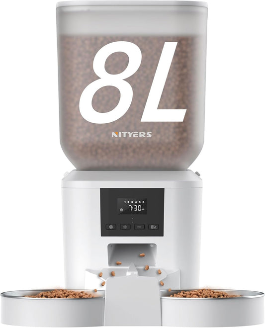 Nityers Automatic Cat Feeder for 2 Cats & Dogs - 8L\/34 Cups Large Capacity Auto Cat Food Dispenser with LCD Screen, 2 Food Trays, Timed Cat Feeder, Up to 50 Portions 6 Meals Per Day, Keep Fresh, White