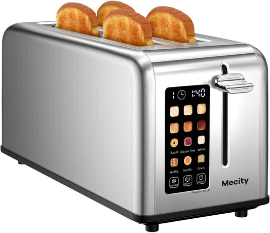 Mecity 4 Slice Toaster Touch Screen 1.5" Long Slot, Stainless Steel Smart Bread Toaster for Bagel Muffin Waffle Gluten Free Breads, Timer, Defrost, Reheat, 120V 1400W