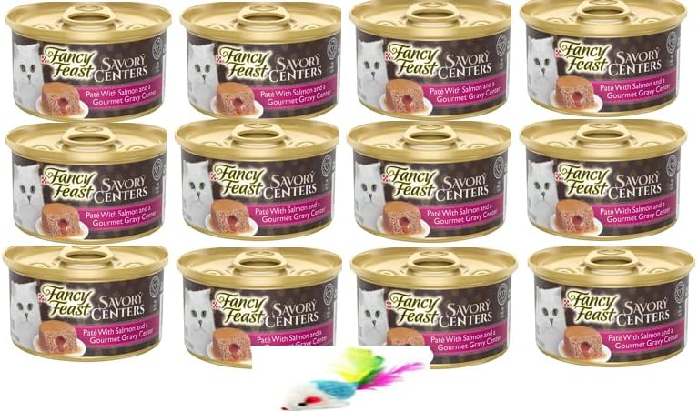 Fncy Fest Wet Cat Food, Savory Centers Pate with Salmon & Gourmet Gravy Center - (12) 3 oz. Cans with a Mouse Toy