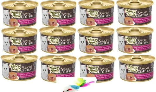 Fncy Fest Wet Cat Food, Savory Centers Pate with Salmon & Gourmet Gravy Center - (12) 3 oz. Cans with a Mouse Toy