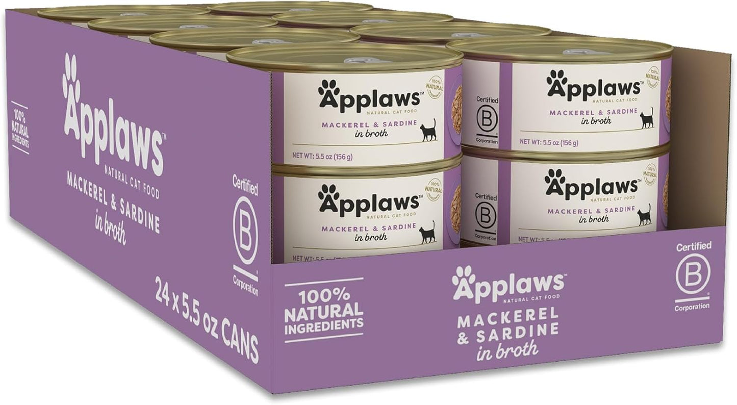 Applaws Natural Wet Cat Food in Broth, Limited Ingredient Canned Wet Cat Food, No Additives, Made with Natural Ingredients, Mackerel & Sardine in Broth (24 x 5.5oz Cans)