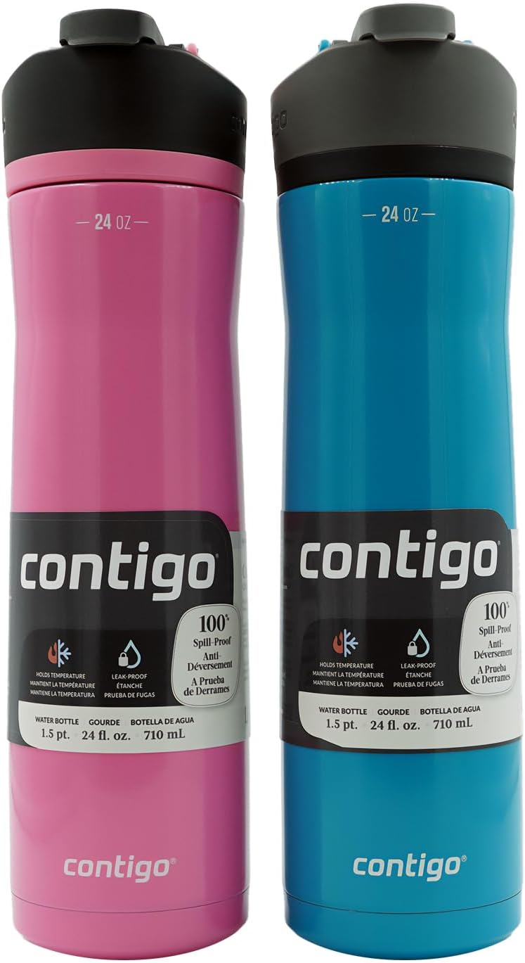 Contigo Cortland Chill 2.0, Stainless Steel Water Bottle with AUTOSEAL Lid, 24 oz, Juniper and Azalea, 2-Pack