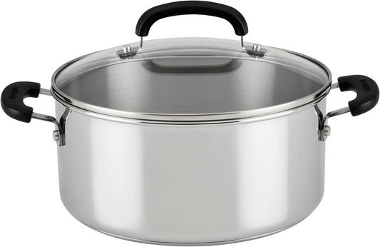 Farberware Brilliance Stainless Steel Dutch Oven/Casserole Pan with Glass Lid, 5 Quart, Dishwasher Safe and Induction Ready, Compatible with All Cooktops, Stainless Steel