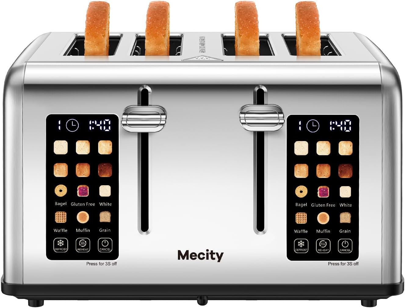 Mecity 4 Slice Toaster Touch Screen Control 4 Wide Slot, Stainless Steel Smart Bread Toaster for Bagel Muffin Waffle, Dual Control Pannel, Timer, Defrost, Reheat, 120V 1650W