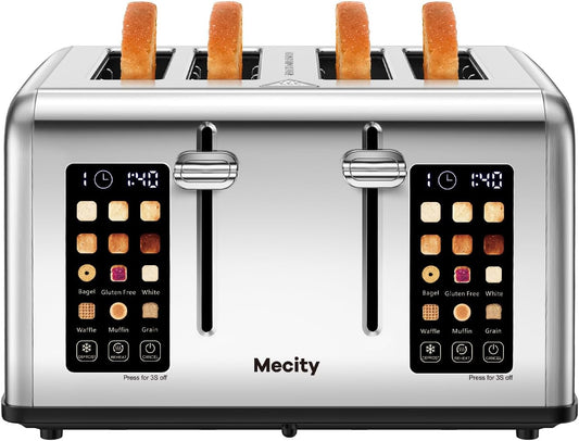 Mecity 4 Slice Toaster Touch Screen Control 4 Wide Slot, Stainless Steel Smart Bread Toaster for Bagel Muffin Waffle, Dual Control Pannel, Timer, Defrost, Reheat, 120V 1650W