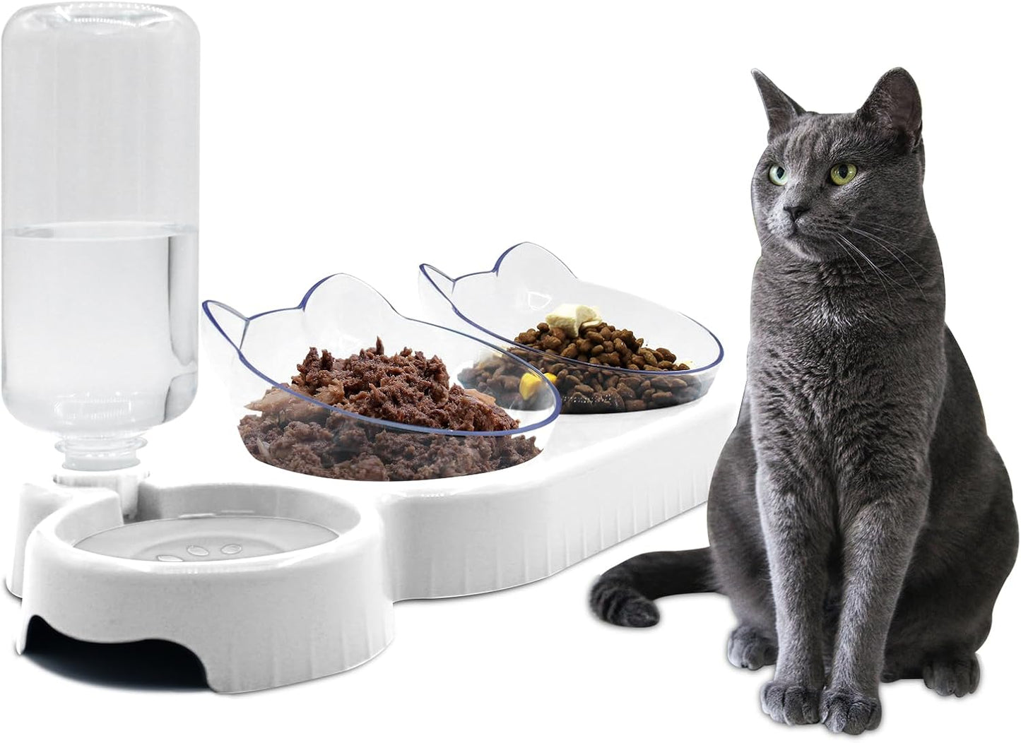 Triple Dog Cat Bowls,15°Tilt 3- in- 1 Water Feeder Bowls Cat Double Food Bowls with Automatic Water Bottle Bowl,Removable Cat Wet and Dry Food Bowl Set for Small Cat and Puppy (White)