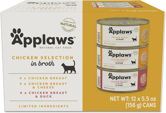 Applaws Natural Wet Cat Food in Broth, Limited Ingredient Canned Wet Cat Food, Cat Food Variety Pack, Made with Natural Ingredients, Chicken Selection Variety Pack in Broth (12 x 5.5oz Cans)