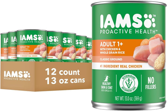 IAMS Proactive Health Adult Wet Dog Food Classic Ground with Chicken and Rice, 13 oz. Cans, Pack of 12