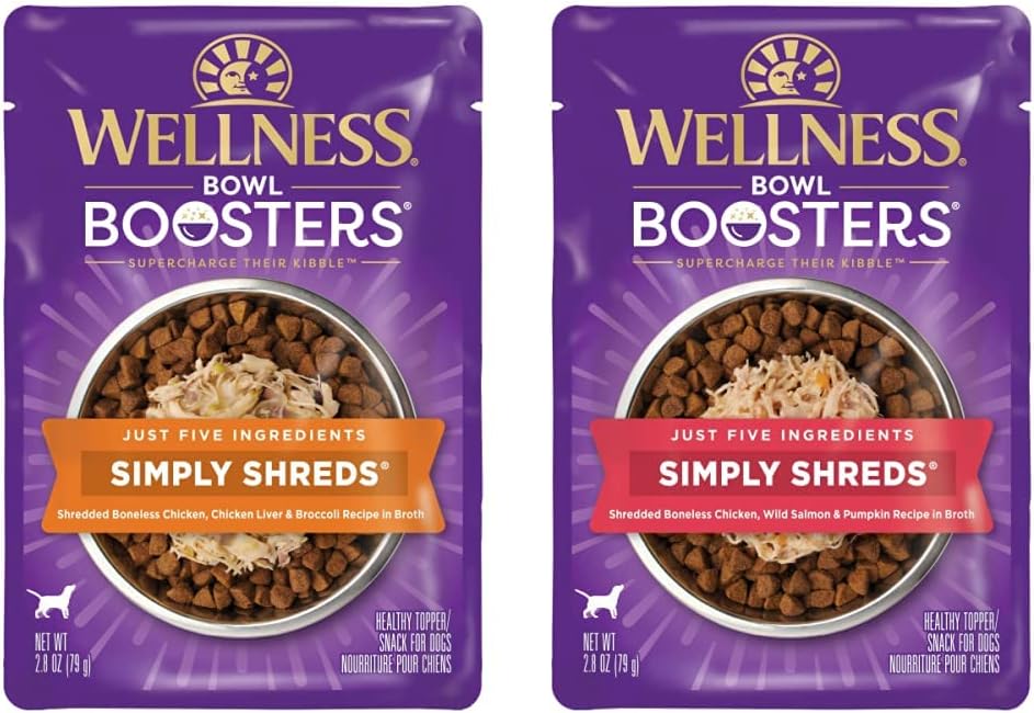 Bundle of Wellness CORE Simply Shreds Natural Grain Free Wet Dog Food Mixer or Topper, Chicken Liver & Broccoli + Wild Salmon & Pumpkin, 2.8-Ounce Pouch (Pack of 12)