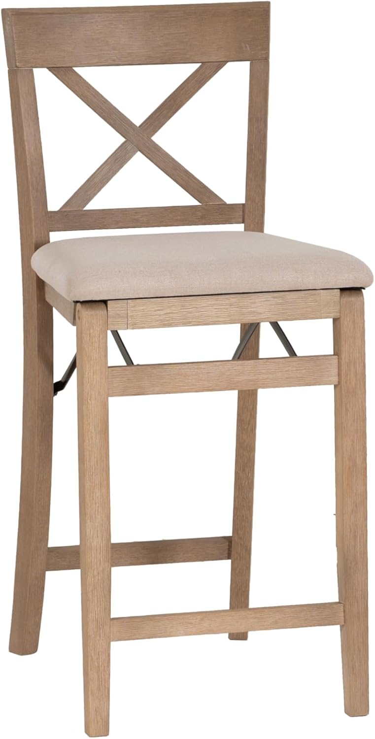 Linon Triena X Back Neutral Greywash Wooden Fully Assembled Folding Counter Stool with Beige Upholstered Seat