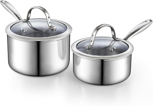 Cooks Standard Stainless Steel Saucepan Set 1.5 and 3 Quart, Multi-Ply Clad Sauce Pot With Glass Lid, Silver