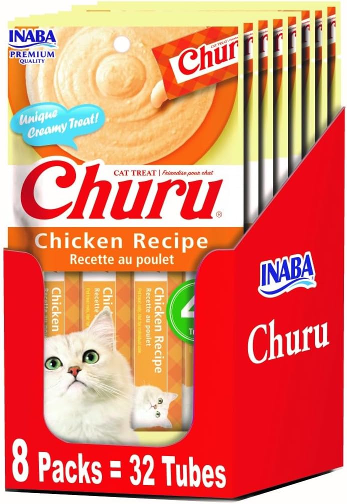 INABA Churu Lickable Purée Natural Cat Treats - Chicken Recipe (4 Servings per Package, 8 Packages) (32 Tubes)