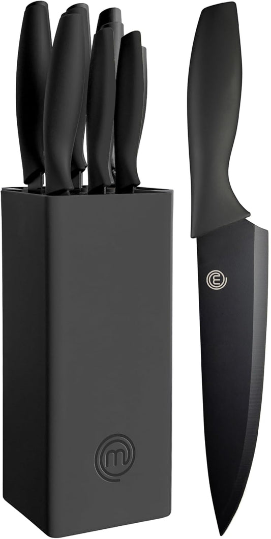 MasterChef Knife Block Set of 6 Kitchen Knives, Extra Sharp Stainless Steel Blades for Professional Cutting with Non Stick Coating & Soft Touch Easy Grip Handles in a Universal Block, Essential Black