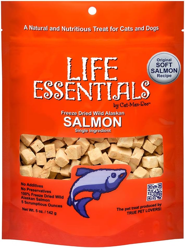 LIFE ESSENTIALS BY CAT-MAN-DOO All Natural Freeze Dried Wild Alaskan Salmon Treats for Cats & Dogs - Single Ingredient No Grain Snack with No Additives or Preservatives, 5 Ounce Bag