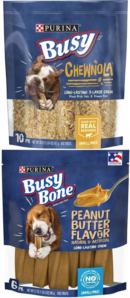 Purina Busy Rawhide Small/Medium Breed Dog Bones; Chewnola with Oats & Brown Rice and Adult Dog Chews, Peanut Butter