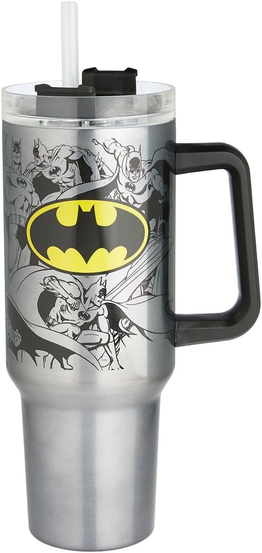 Spoontiques - Batman Stainless Steel Travel Mug with Handle - 40 oz Capacity - Superhero Double Wall Stainless Steel with Sliding Lock Travel Lid - 12.5” Tall