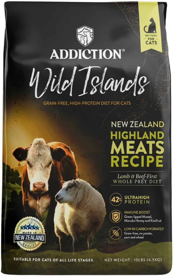 Addiction Wild Islands Highland Meats Dry Cat Food, Grass-Fed Beef & Lamb, High-Protein & Grain-Free Formula for Primal Cat Health - 10lbs