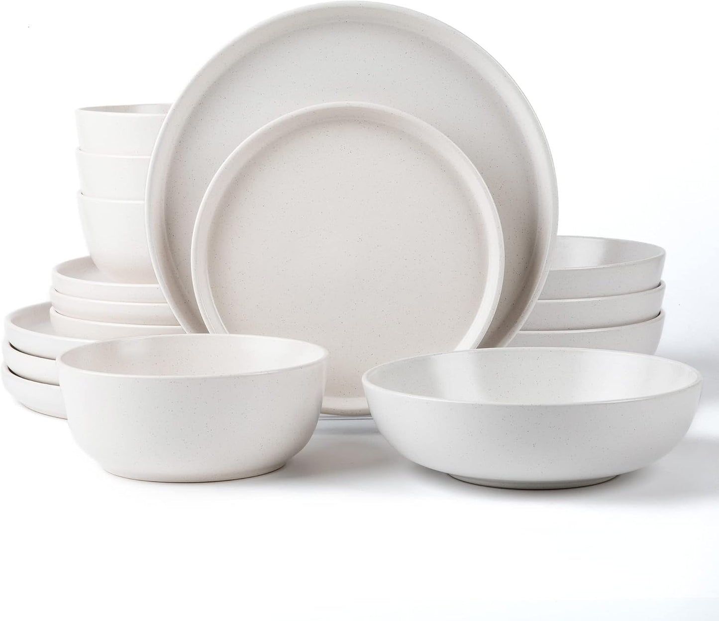 ARORA SKUGGA Round Stoneware 16pc Double Bowl Dinnerware Set for 4, Dinner and Side Plates, Cereal and Pasta Bowls - Matte White(466077)