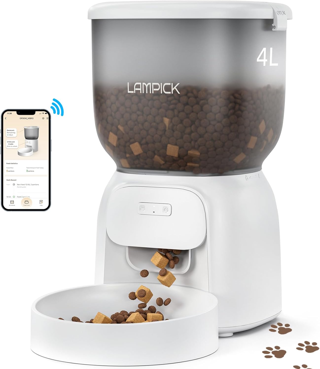 LAMPICK Smart Automatic Cat Feeder - WiFi Cat Food Dispenser with APP Control Up to 15 Portions((8g\/Portion) 10 Meals Per Day, Dual Power Supply Pet Feeders for Cats\/Dogs (4L\/16.9 Cups)