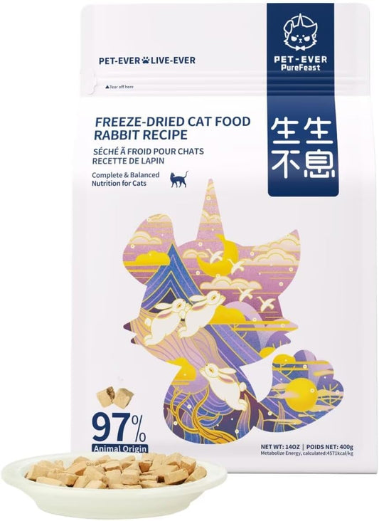 PET-EVER PureFeast Freeze-Dried Cat Food, 97% Raw Meat 60% High Protein, Grain-Free Cat Food Topper, Health Dry Cat Food (Rabbit Recipe - 14 Ounce)