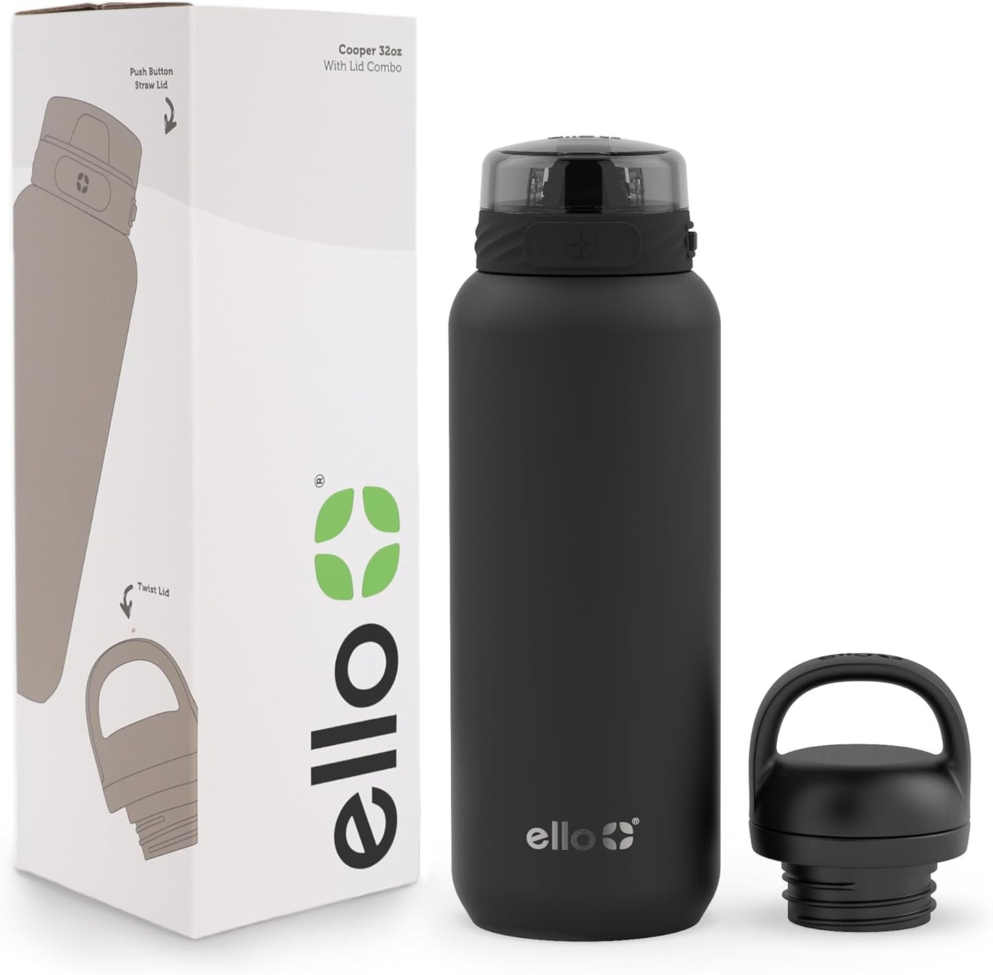 Ello Cooper 32oz Stainless Steel Water Bottle with 2 Lids Chug and Straw | Leak Proof | Double Walled and Vacuum Insulated | Built in Carry Loop | Dishwasher Safe | Black