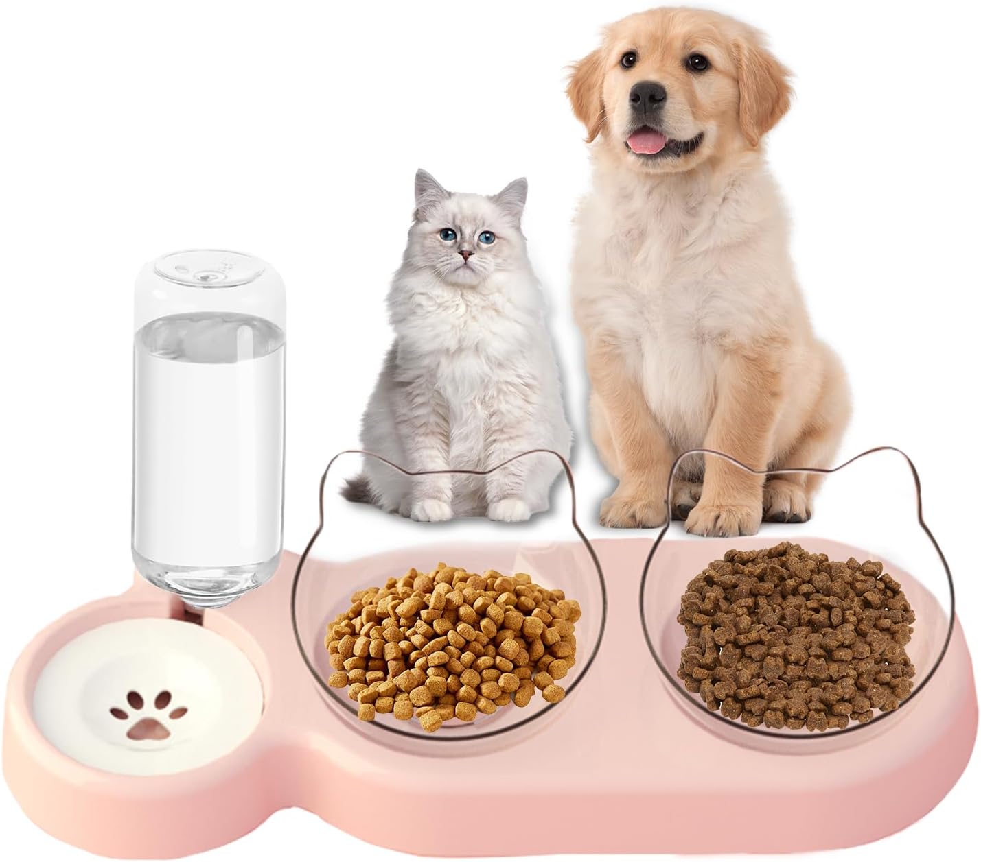 YAUVC Dog Food Bowl - 2 in 1 Double Cat Bowls Pets Water Cat Food Bowl Set 15°Tilted Cat Feeding Bowl Automatic Double Dog Bowls with Water Dispenser Detachable Water Bowl Set for Small Dog &Cat（Pink）