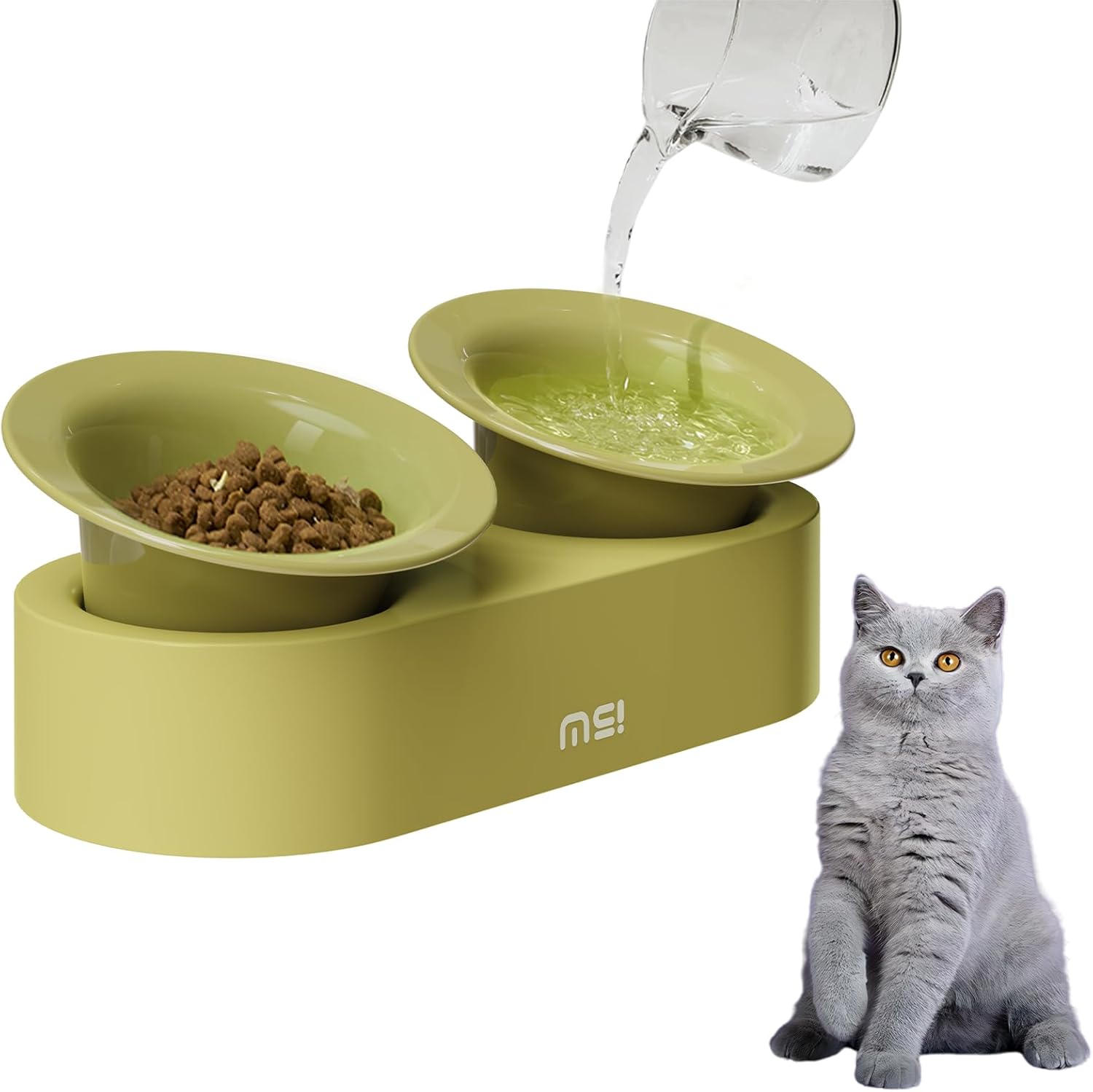 MS!MAKE SURE Dog Cat Bowls, Elevated Ceramic Cat Food and Water Bowl Set, 15° Tilted Cat Dishes with Stand, Non-Slip & Whisker Friendly - Green