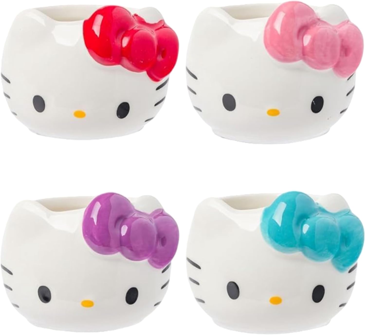 Silver Buffalo Sanrio Hello Kitty Different Color Bows 4 Pack Ceramic 3D Sculpted Mini Cup Set, Perfect as a Sugar, Cream, or Milk Set, 3.5 Ounces