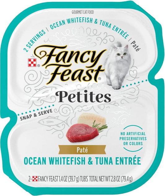 Fancy Feast Gourmet Grain-Free Meals Wet Cat Food Pate and Gravy Petites 10 Twin Pack Trays, 20 Servings (Ocean Whitefish & Tuna Pate)