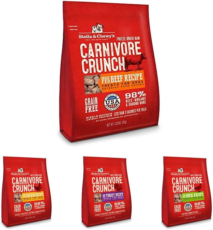 Stella & Chewy's Carnivore Crunch Freeze-Dried Raw Dog Treats 4 Pack Variety Bundle (Beef, Chicken, Duck & Turkey)