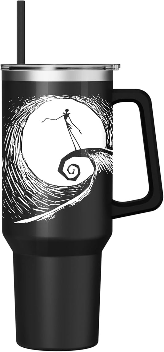 Silver Buffalo Disney Nightmare Before Christmas by Tim Burton Jack Skellington Hill and Moon Drawing Stainless Steel Tumbler with Handle and Straw, Fits in Standard Cup Holder, 40 Ounces