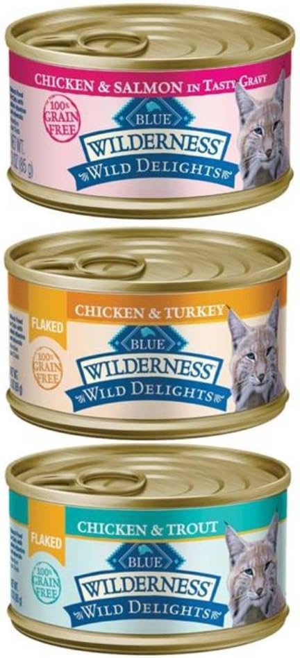 Wilderness Blue Buffalo Wild Delights Grain Free Natural Cat Food 3 Flavor Variety 6 Can Bundle: (2) Flaked Chicken/Turkey/Gravy, (2) Chicken/Salmon/Gravy, and (2) Flaked Chicken/Trout, 3 Oz. Ea.