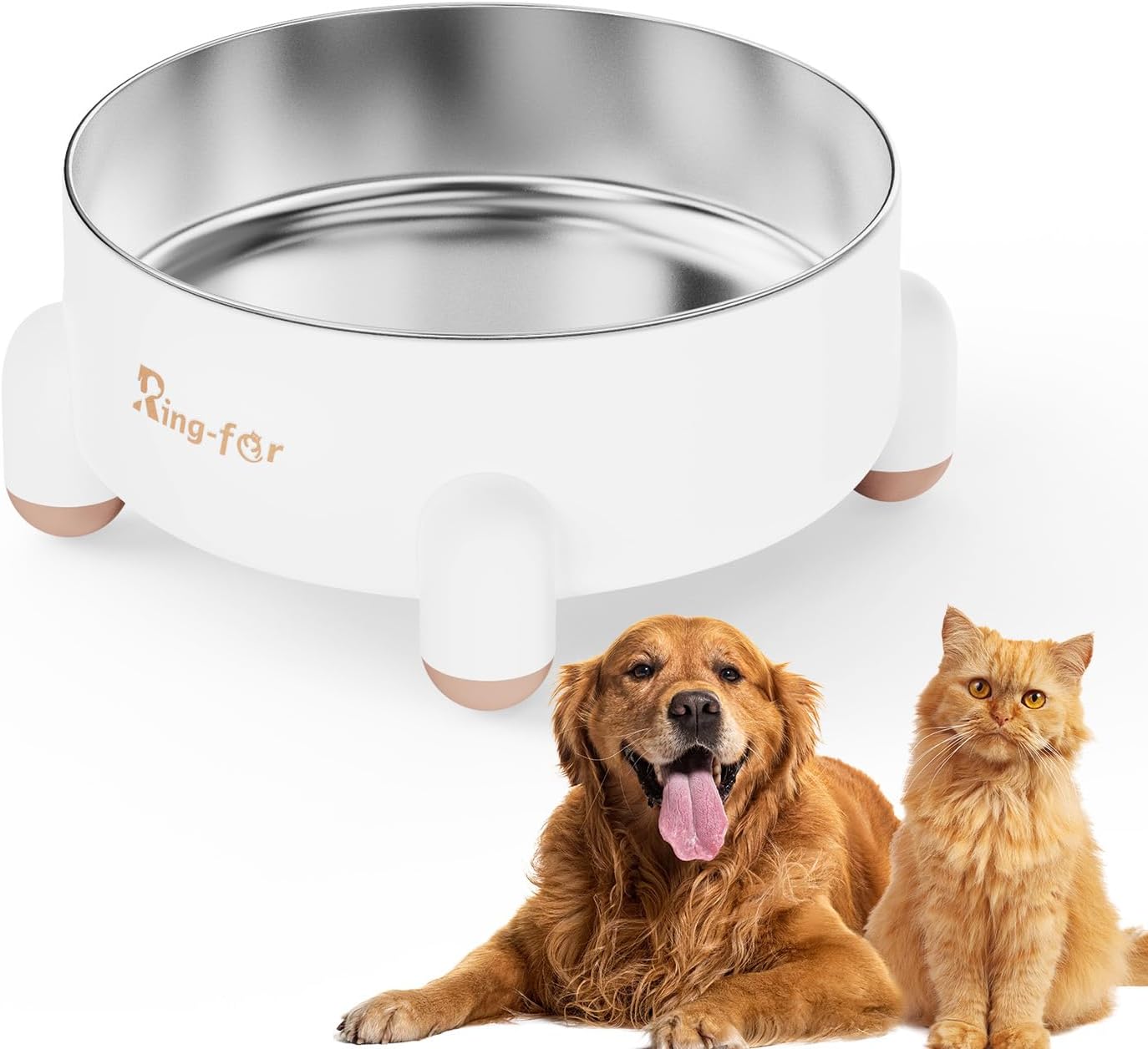 Ring-far Dog Bowl, Stainless Steel Dog Bowl,Dog Cat Food Water Bowl, Tetrapod Nonslip Rubber Bottom Design,201Stainless Steel Material,Prevent Feline Acne in Cats (24OZ,White, Tetrapod)