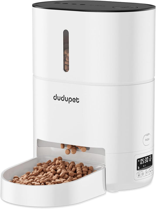 DUDUPET Timed Automatic Cat Feeder with Fully Enclosed Freshness Chamber - 4L Automatic Cat Food Dispenser Battery Operated, 6 Meals 120 Portions Per Day, 10S Dining Voice Record, White