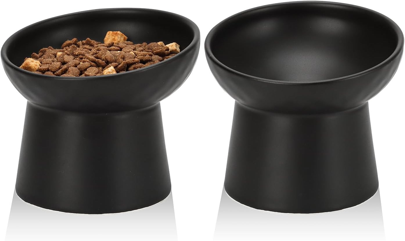 YauYik Ceramic Raised Cat Bowls, Elevated Tilted Cat Food and Water Bowls Set, Stress Free Pet Feeding Dish for Indoor Cats and Small Dogs, Anti Vomiting, Black, 2 Pack