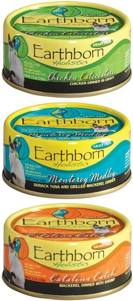 Earthborn Holistic Wet Cat Food Variety Pack - 3 Flavors (Catalina Catch, Chicken Catcciatori, and Monterey Medley) - 5.5 Ounces Each (12 Cans Total)