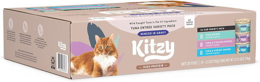 Amazon Brand - Kitzy High Protein, Grain Free Wet Cat Food, Variety Pack (Tuna, Chicken & Shrimp), 5.5 oz (Pack of 24)