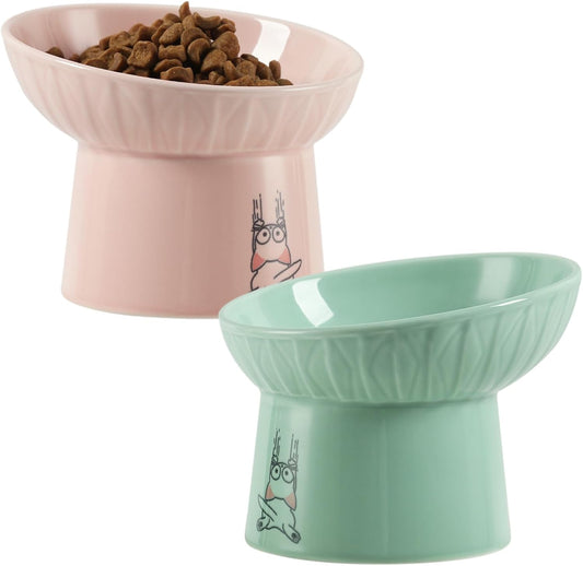 TAMAYKIM 6.5 Inch Tilted Extra Wide Raised Ceramic Cat Bowls, Round Food and Water Bowls for Elder Big Cats and Small Dogs, Elevated Pet Feeder Dish, Stress Free, Protect Cat's Spine, Pink & Green