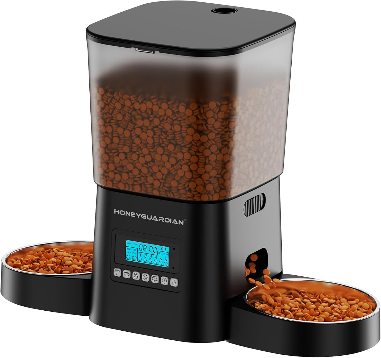 HoneyGuaridan Automatic Cat Feeders for 2 Cats, 3.5L Cat Food Dispenser with Double Bowls,Two Way Splitter Cat Feeder for Dry Food,Programmable 1-6 Meals Control, Dual Power Supply