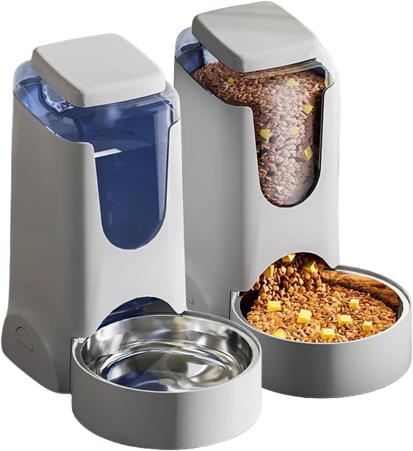 Pets Automatic Gravity Feeder Dogs 2.8L Food & 4L Water Dispenser Set with Stainless Steel Bowl for Small Medium Big Puppy Kitten(Light Gray)