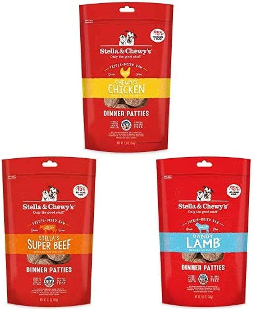 Stella & Chewy's Freeze-Dried Raw Dinner Patties Dog Food (Bundle of 3, 5.5 oz. Bags) - Chicken, Beef, Lamb