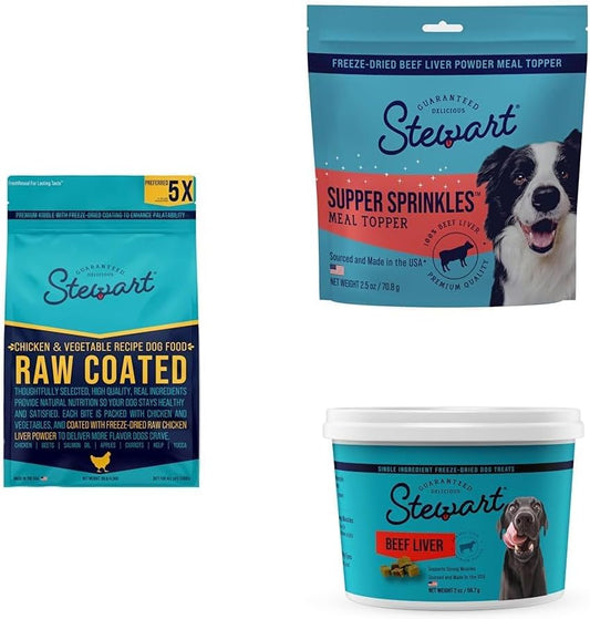 Stewart Raw Coated Chicken & Vegetable Dry Dog Food, Beef Liver Supper Sprinkles & Freeze Dried Treats; 10 lb. Bag Chicken Dog Food, 2.5 oz. Resealable Bag Sprinkles & 2 oz Resealable Tub