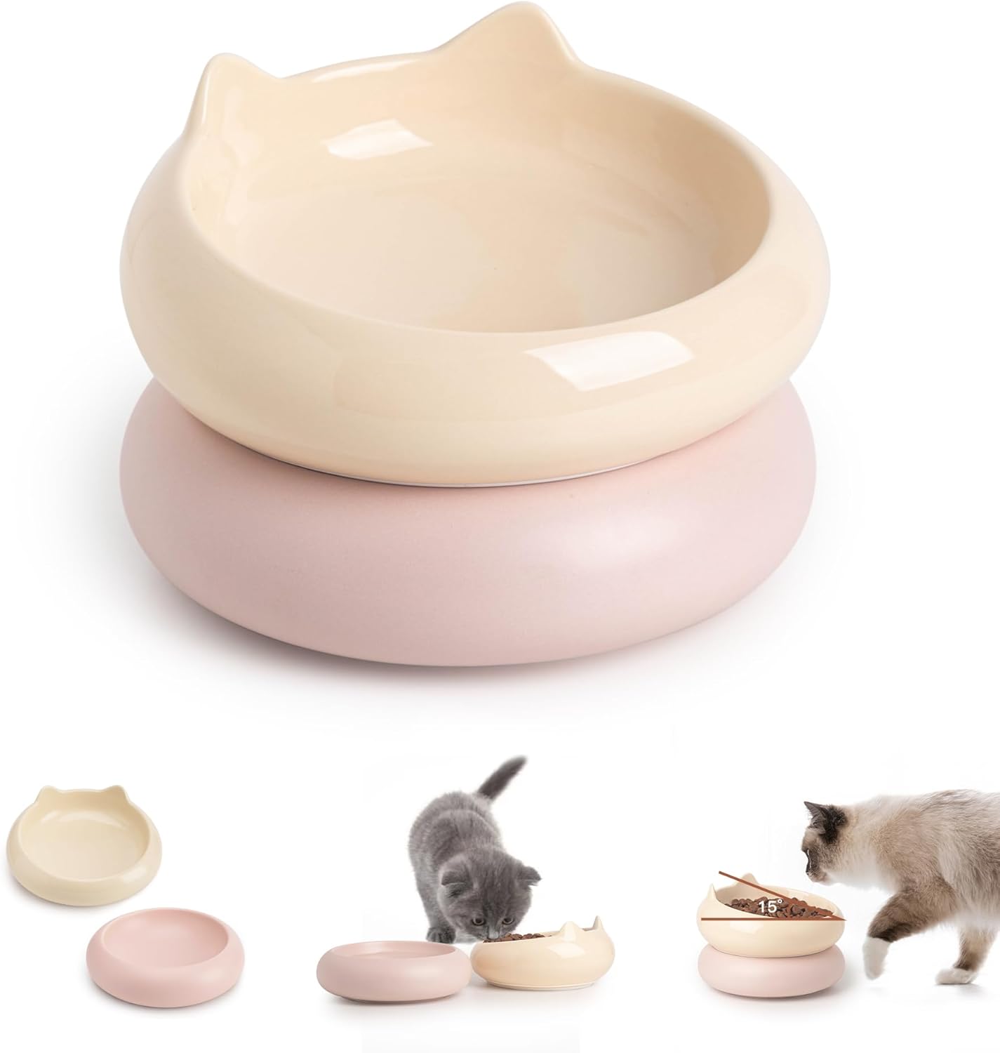 Ceramic Raised Cat Bowl, 2 in 1 Elevated Cat Food and Water Bowl Set for Indoor Cats, Whisker Friendly Cute Kitten Food Bowl for Protecting Pet's Spine, 2 Pack (Yellow+Morandi Pink)