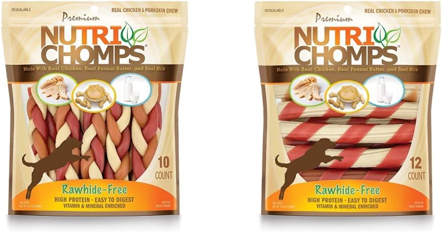 Nutri Chomps Dog Chews, 6-inch Braids & Chews \u2013 6-inch Twists, Easy to Digest, Rawhide-Free Dog Treats, Healthy, 12 Count, Real Chicken, Peanut Butter and Milk Flavors