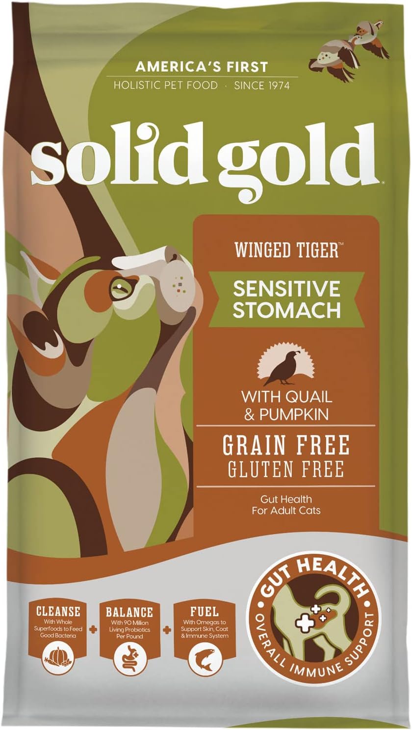 Solid Gold Sensitive Stomach Dry Cat Food - Made with Real Quail & Pumpkin - Winged Tiger Grain Free Cat Food Sensitive Stomach for Adult & Senior Cats - Supports Immune & Digestive Health - 6lb