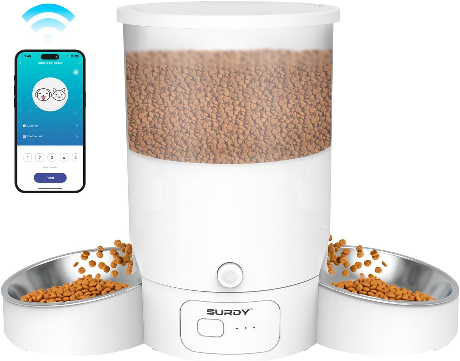 Automatic Cat Feeder with 5G WiFi, 20 Cups\/5L SURDY Automatic Cat Food Dispenser for 2 Cats Smart Pet Feeder with APP Control for Remote Feeding (White, 3L)