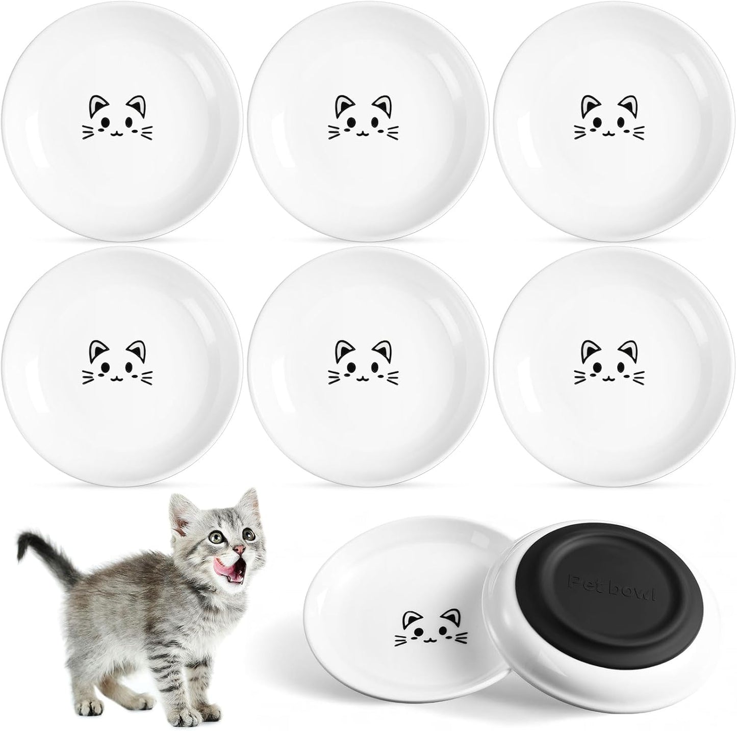 6 Pcs Cat Food Bowl Ceramic Cat Bowls Cat Plates Anti Whisker Fatigue Cat Food Dish with Nonslip Silicone Bottom Shallow Wide Kitten Plates for Food Water Indoor Small Dog Animals Pet Feeding