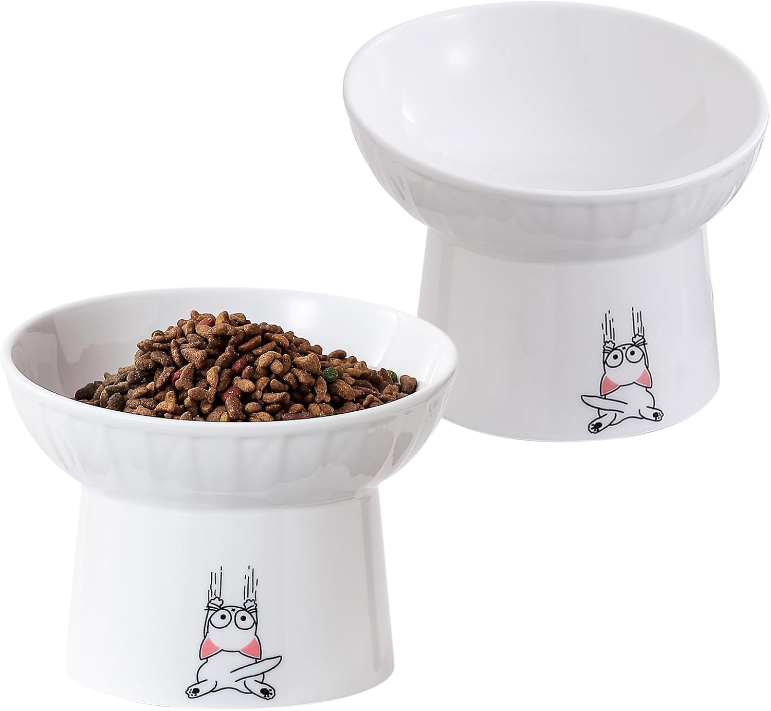 AOMRYOM 6.5 Inch Extra Wide Tilted Elevated Ceramic Cat Bowls, Raised Food and Water Bowl Set for Elder Big Cats & Small Dogs, Avoid Whisker Fatigue, Lead & Cadmium Free, White, Set of 2